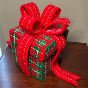 Vintage Kitsch Christmas Present with Red Ribbon Needlepoint Tissue Box Cover